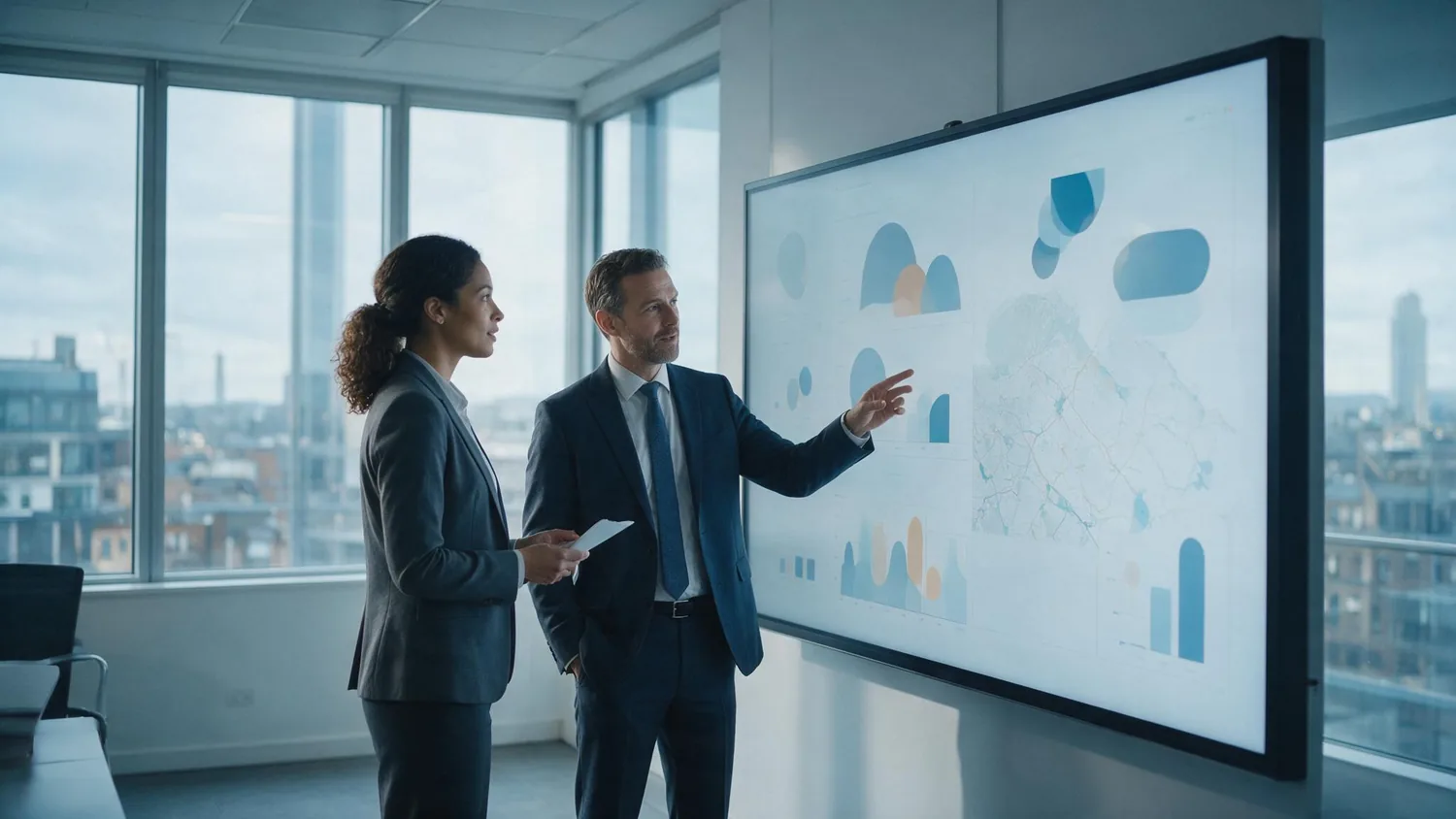 Two colleagues reviewing fleet data and a network map on a screen in a modern office