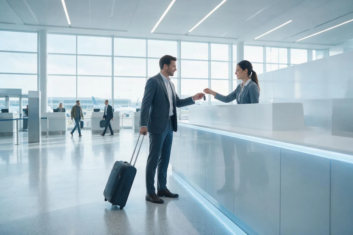 A business traveller collecting keys at an airport in-terminal rental desk