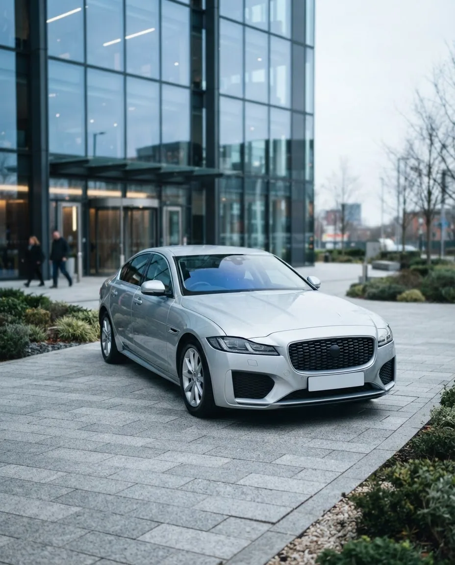 A silver executive saloon parked outside a modern glass office building