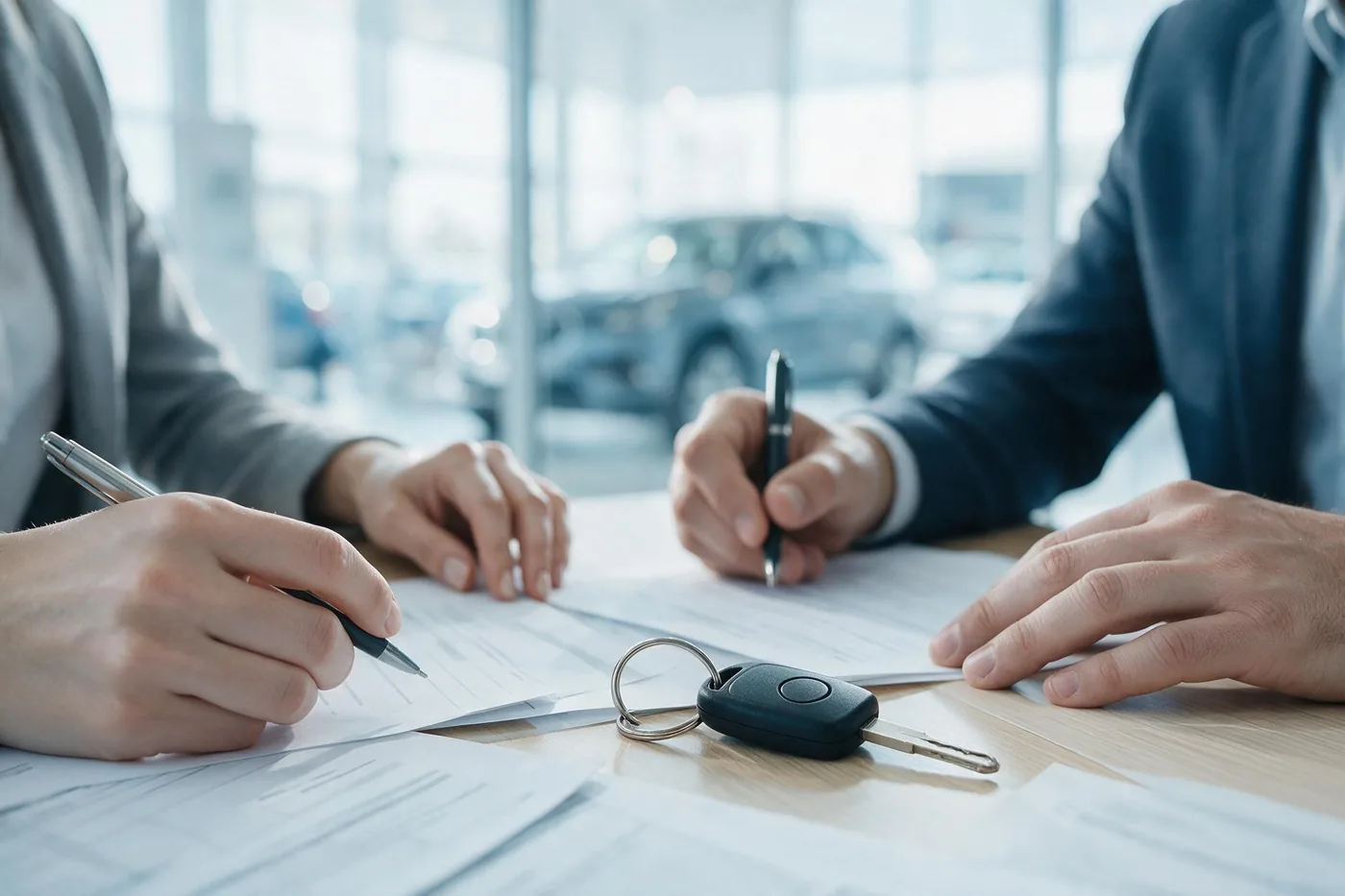 Two people completing leasing paperwork at a desk with a set of car keys
